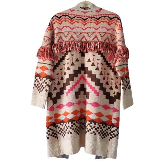 Anthropologie THML Aztec Fringe Southwestern Cardigan Tunic Length Sweater XS - Picture 5 of 7